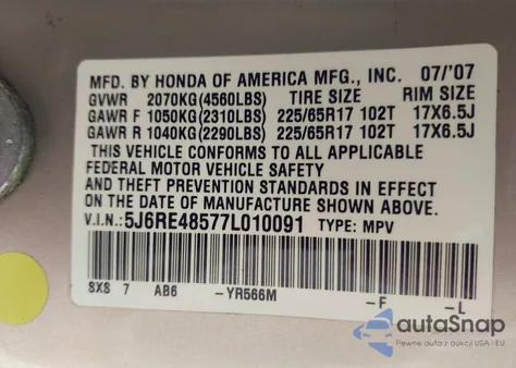 2007 Honda Cr-V Ex z USA, uszkodzony, nr VIN 5J6RE48577L010091